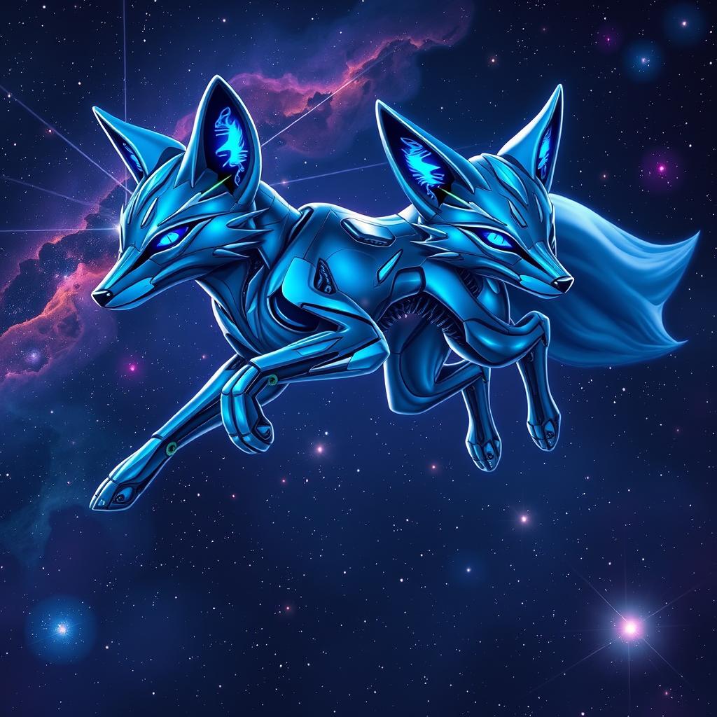 A futuristic metallic blue Space Fox, sleek and agile in design, set against a cosmic background filled with stars and nebulae