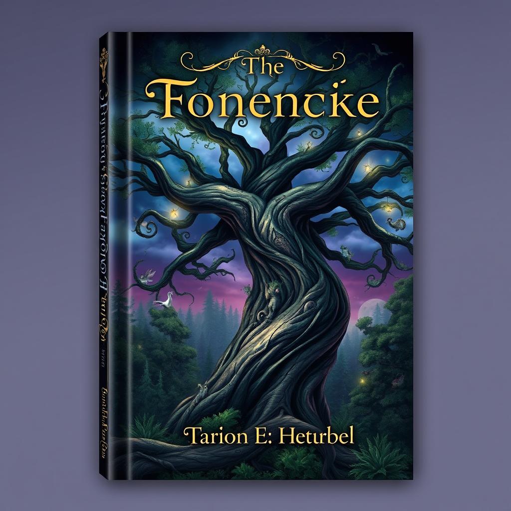 A captivating book cover design featuring a mysterious forest under a twilight sky, illuminated by soft, magical light