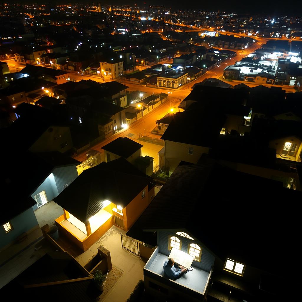 An aerial or satellite image at night showing a part of a city from above, where some houses are brightly lit and sparkling, while others are in darkness