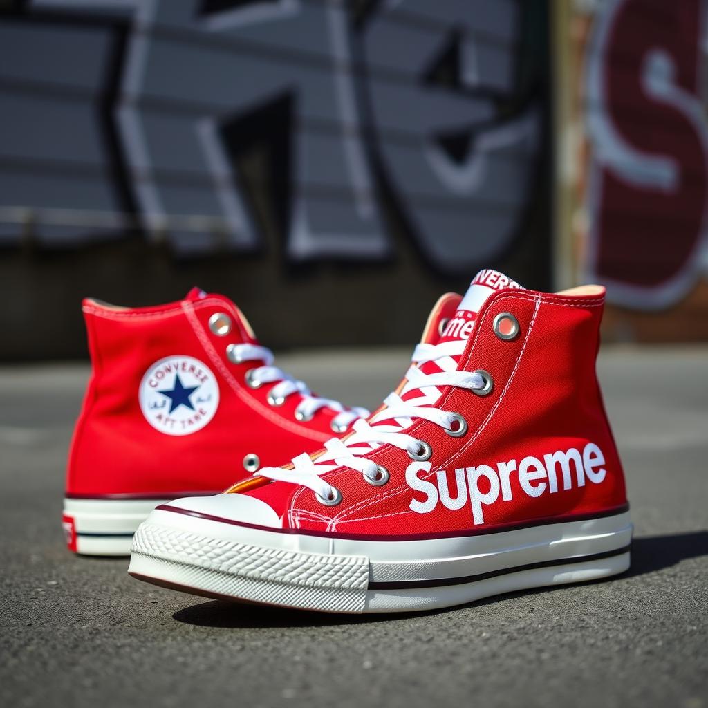 A pair of Converse Chuck 70 sneakers created in collaboration with Supreme