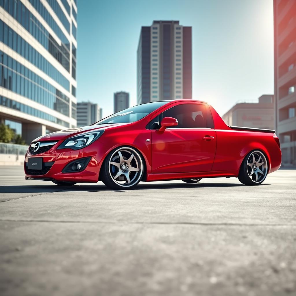 A low red Opel Corsa pickup truck with stylish aftermarket wheels, showcasing a sleek and sporty design