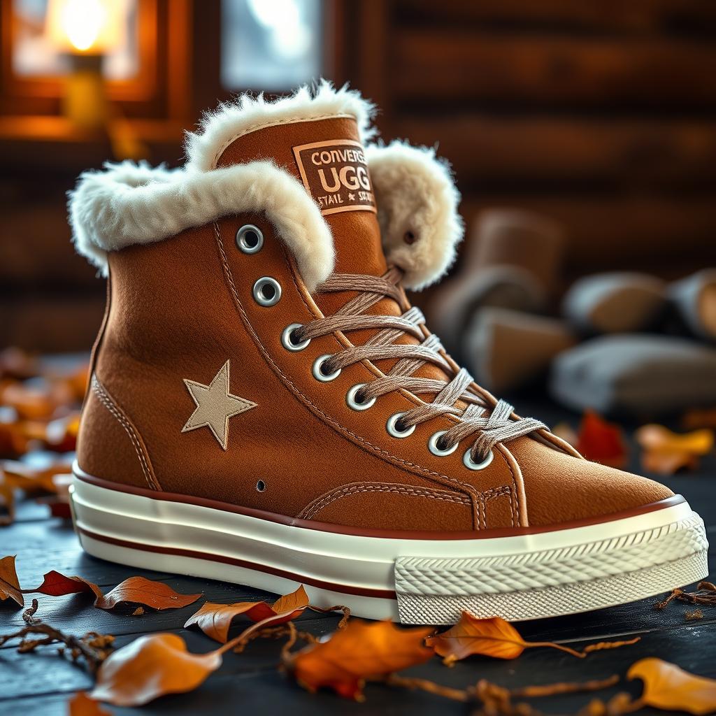A stylish sneaker design that creatively combines the classic Converse Chuck 70 silhouette with the luxurious, cozy elements of UGG footwear