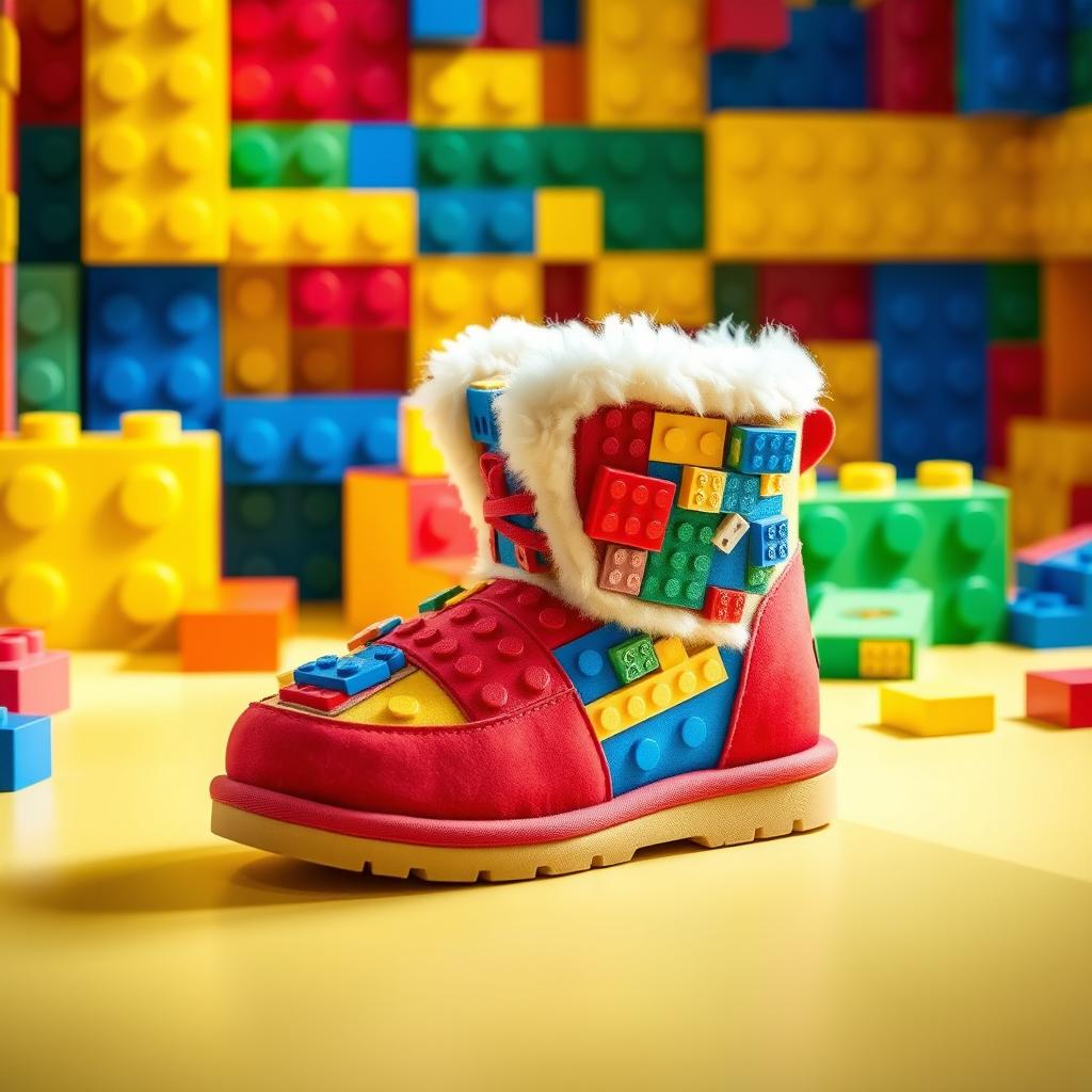 A playful and imaginative footwear design that blends the colorful creativity of LEGO with the cozy comfort of UGG