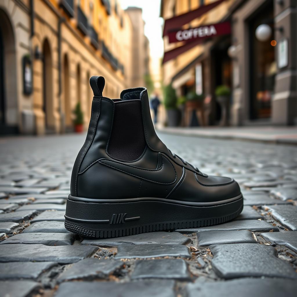 An innovative footwear design that creatively combines the sleek silhouette of Chelsea boots with the iconic Nike Air Force One sneaker