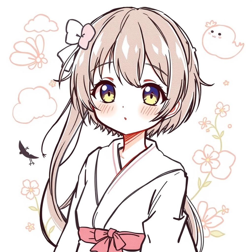 A hand-drawn illustration in Japanese animation style, featuring a character with distinct clothing and features intact, surrounded by soft pastel colors