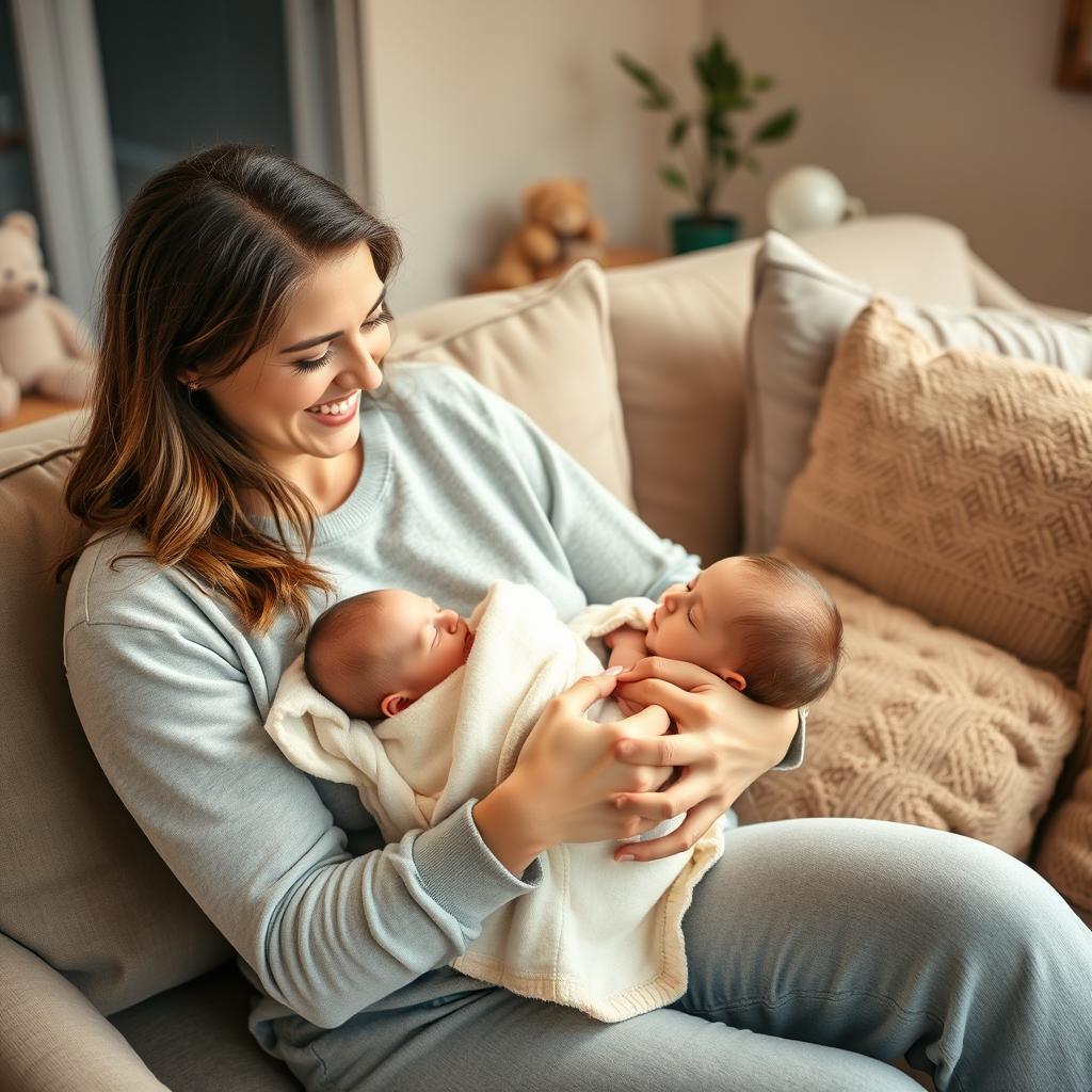 A serene and heartwarming family scene featuring a joyful mother gently cradling her newborn baby, who is wrapped in a soft, delicate blanket