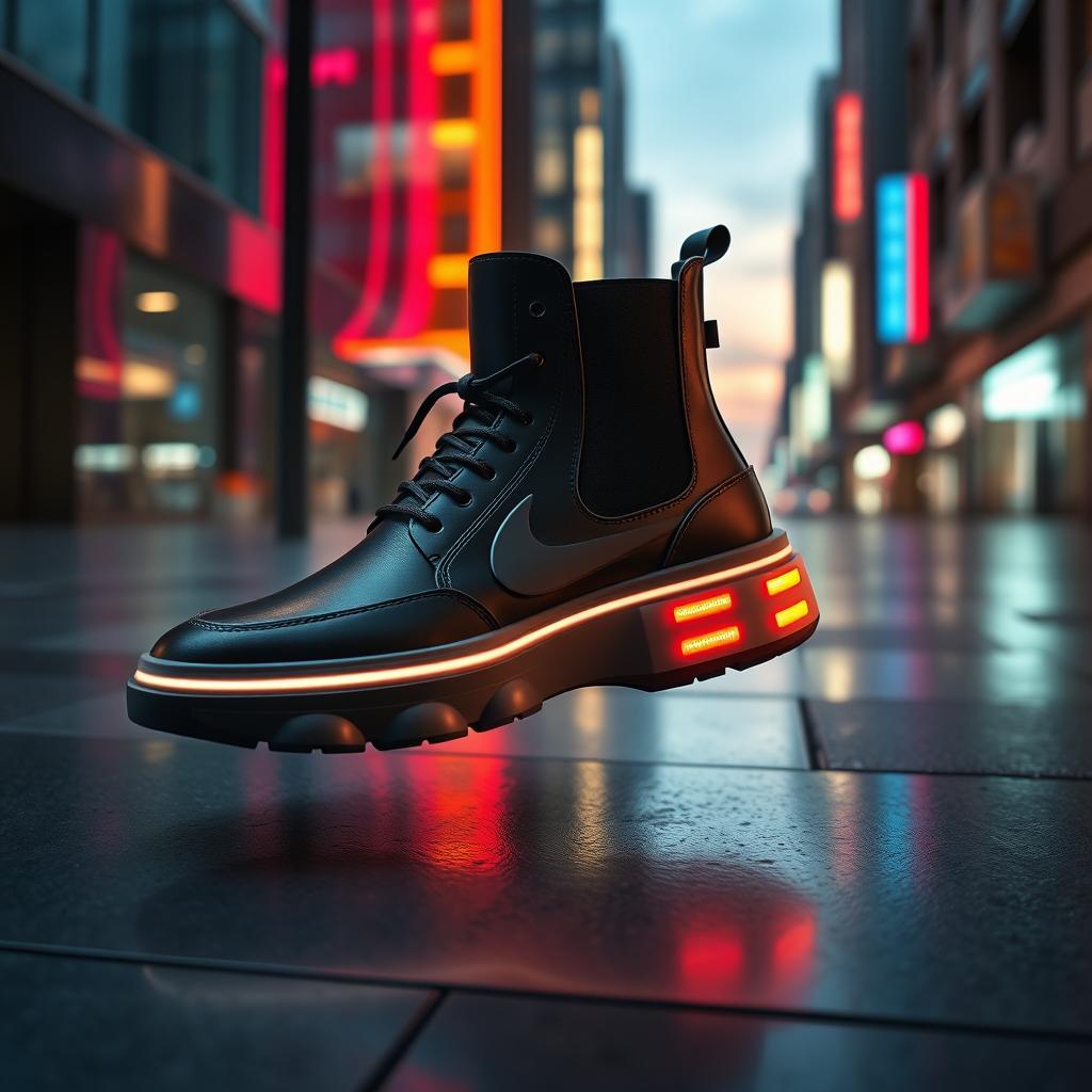 A stunning footwear design that seamlessly blends the timeless elegance of Chelsea boots with the futuristic design of the Nike MAG sneakers from 'Back to the Future'