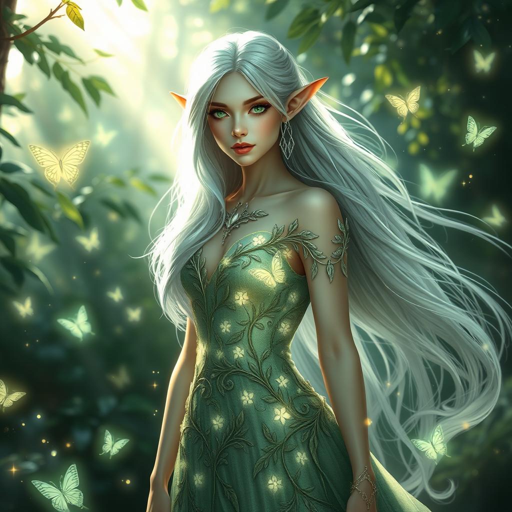A beautiful elven woman with long, flowing silver hair and pointed ears, wearing an elegant, intricate dress made of shimmering leaves and flowers