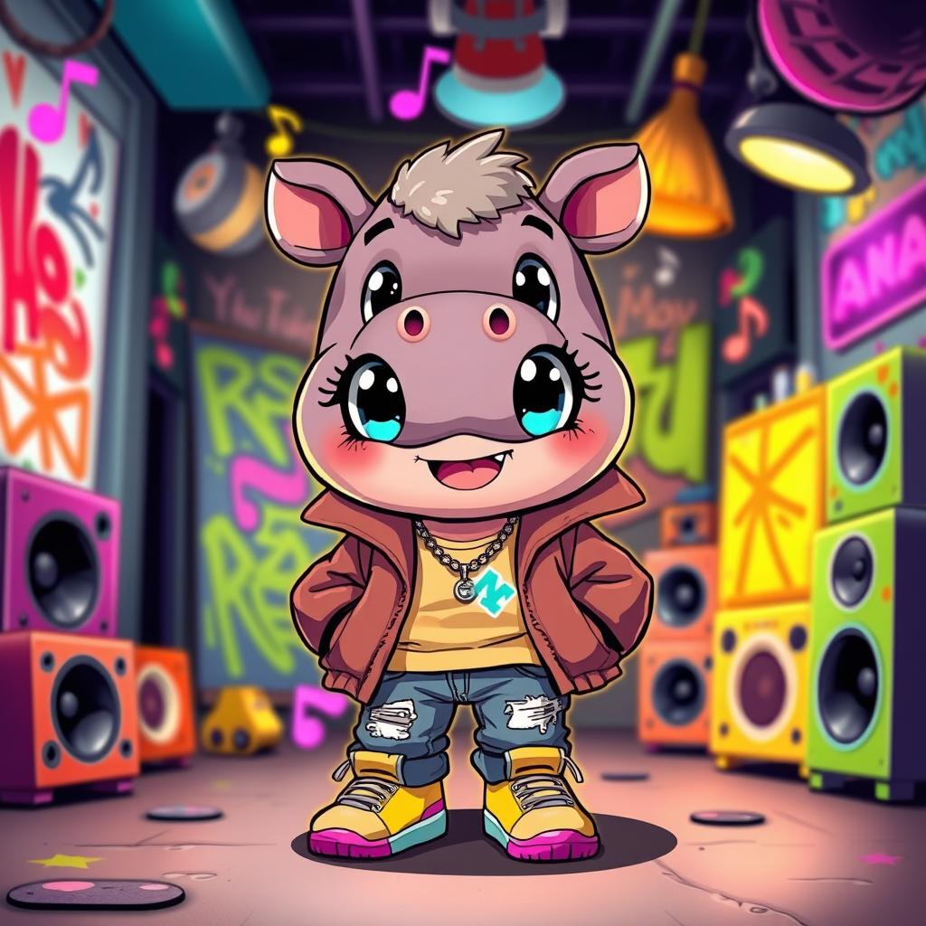A vibrant and cheerful hippo girl character designed in a cute anime style, featuring large expressive eyes and a playful smile