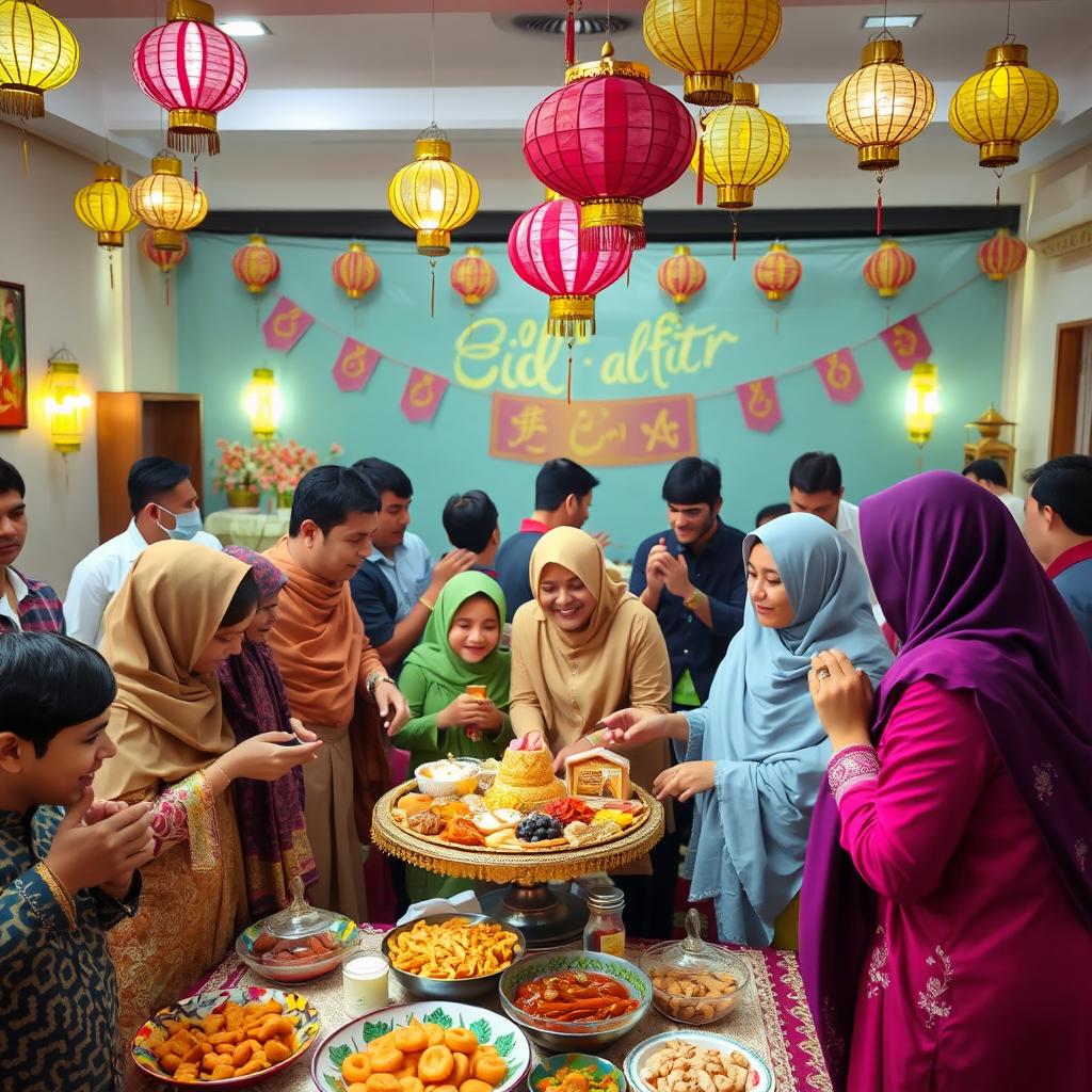 A festive and colorful Eid al-Fitr celebration scene, with families gathering together in traditional clothing