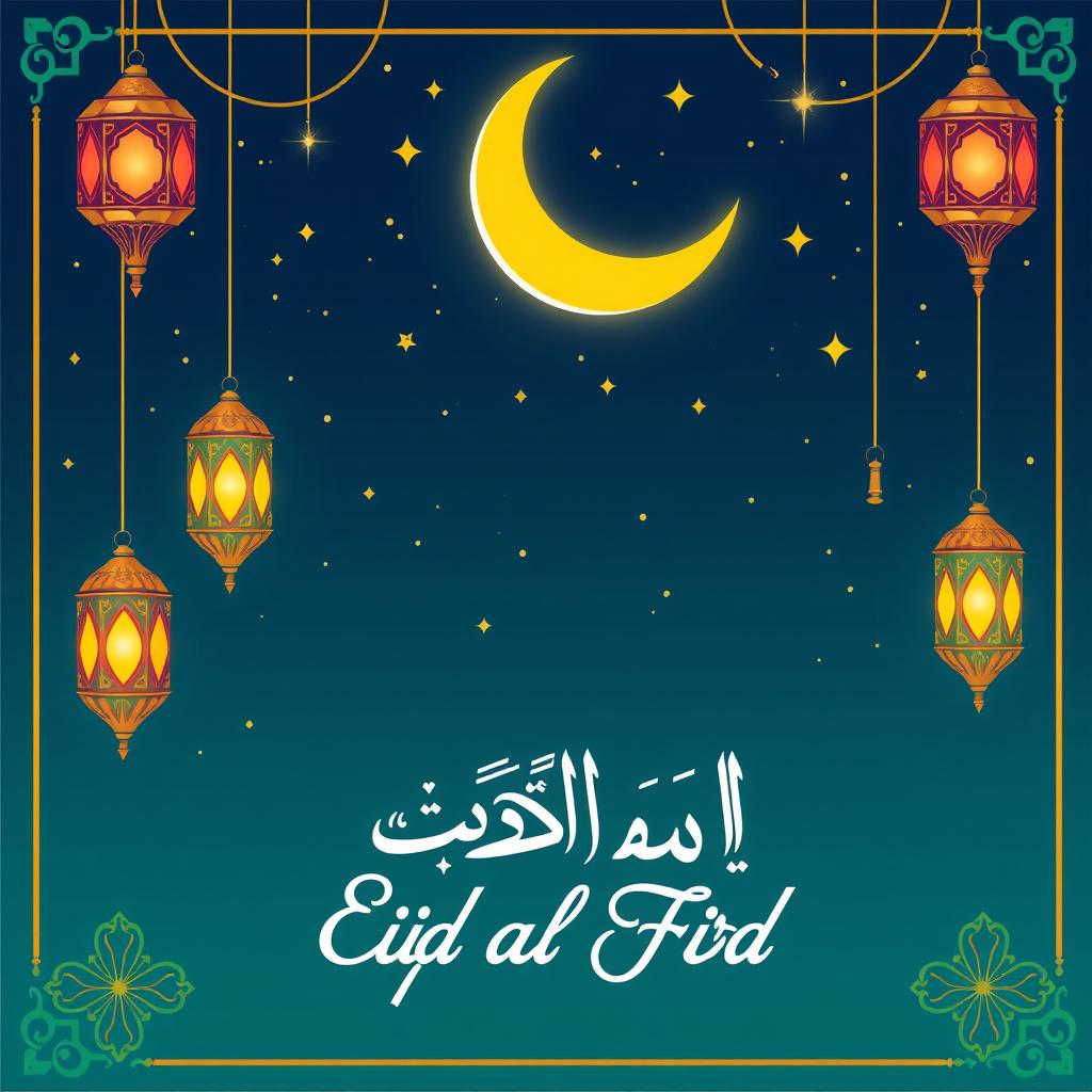 A beautiful Eid al-Fitr greeting card design featuring a crescent moon and stars in a night sky, adorned with colorful lanterns and intricate Islamic geometric patterns