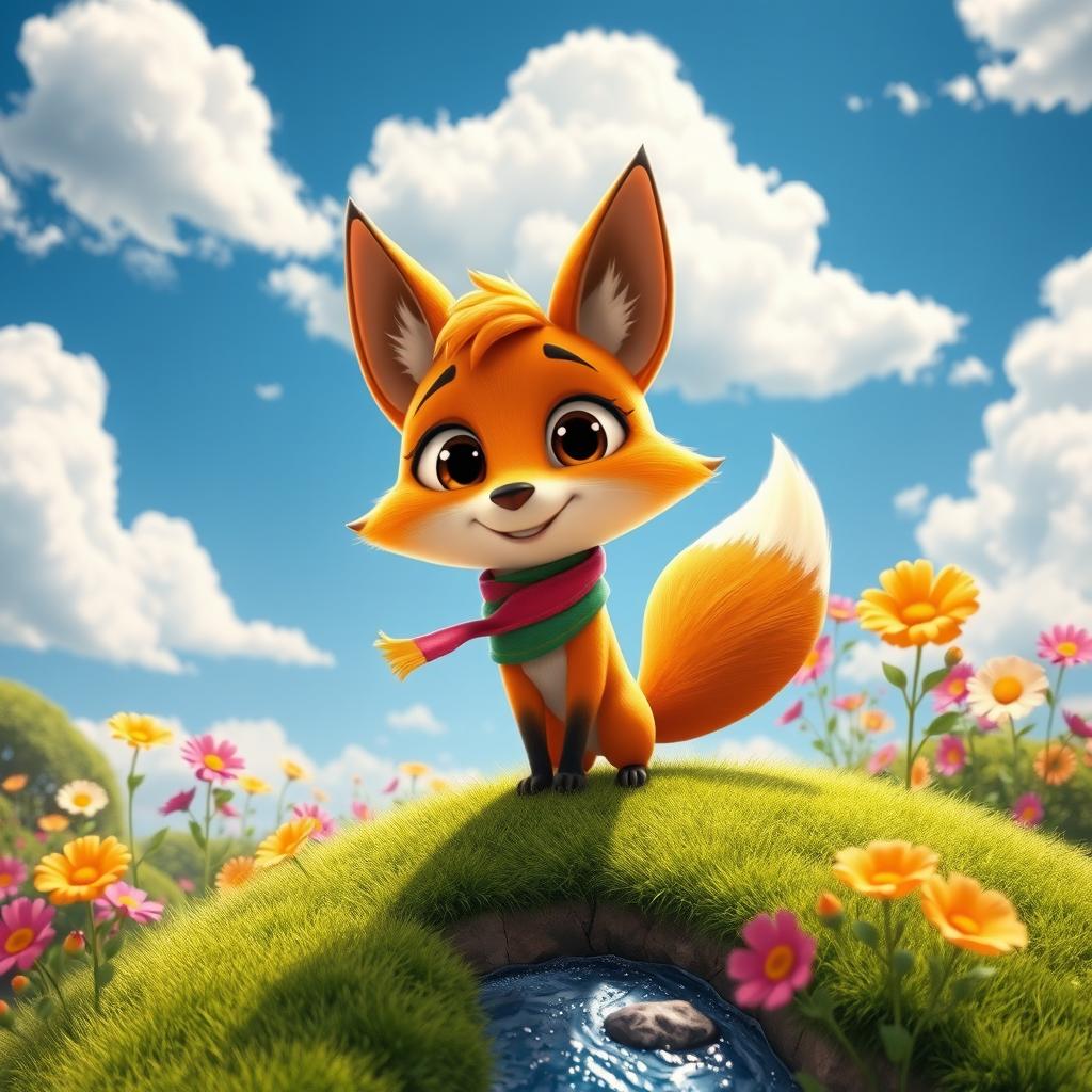 A vibrant and cheerful scene featuring a playful, anthropomorphic animal character reminiscent of Pixar animation