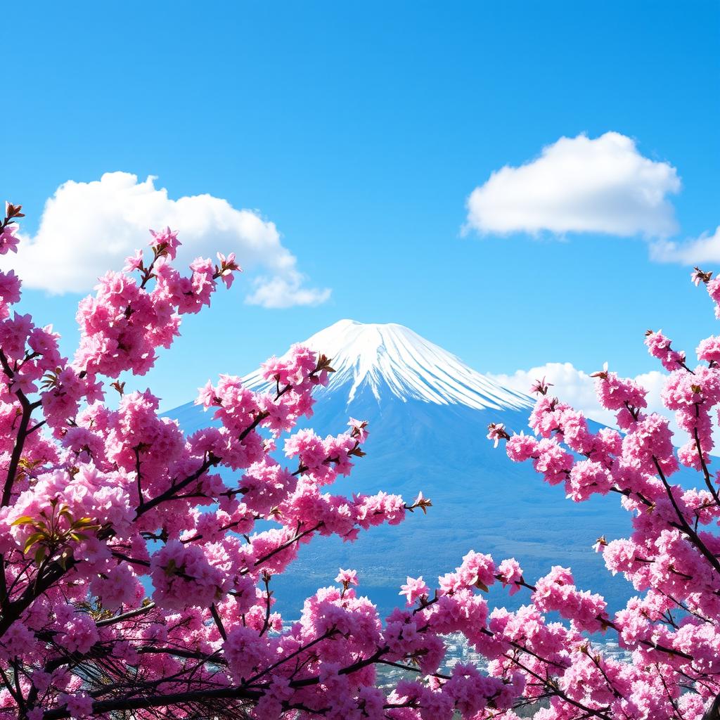 A stunning view of Mount Fuji, Japan, towering majestically in the background with its iconic snow-capped peak glistening in the sunlight