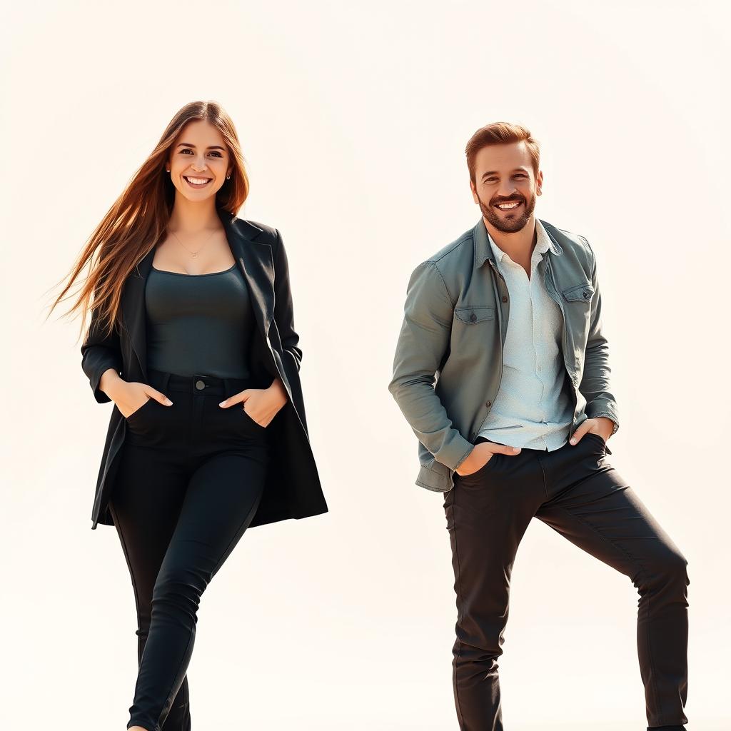 A scene focused on two individuals positioned on opposite sides of the frame: on the left, a confident woman with long flowing hair, wearing stylish and modern clothing, standing with a relaxed posture and a warm smile; on the right, a man with a friendly demeanor, slightly leaning forward in a casual outfit, showcasing an engaging expression