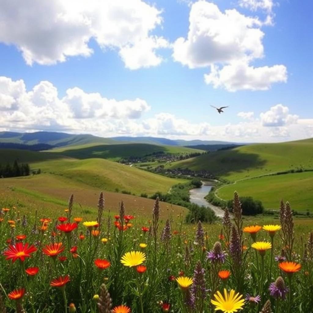 A beautiful, serene landscape depicting rolling hills under a bright blue sky with fluffy white clouds