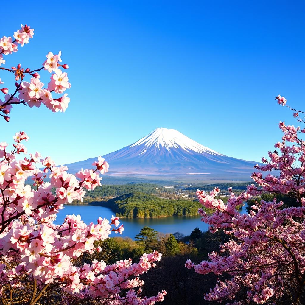 A stunning view of Mount Fuji in Japan, showcasing its snow-capped peak against a clear blue sky