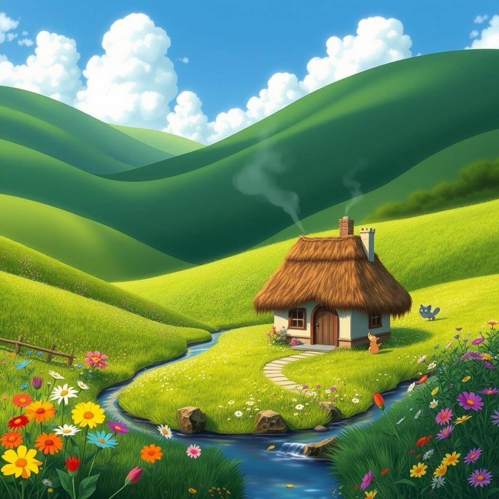 A whimsical and enchanting landscape inspired by Studio Ghibli's aesthetic, featuring lush green rolling hills, a serene blue sky dotted with fluffy white clouds, and vibrant wildflowers in a variety of colors