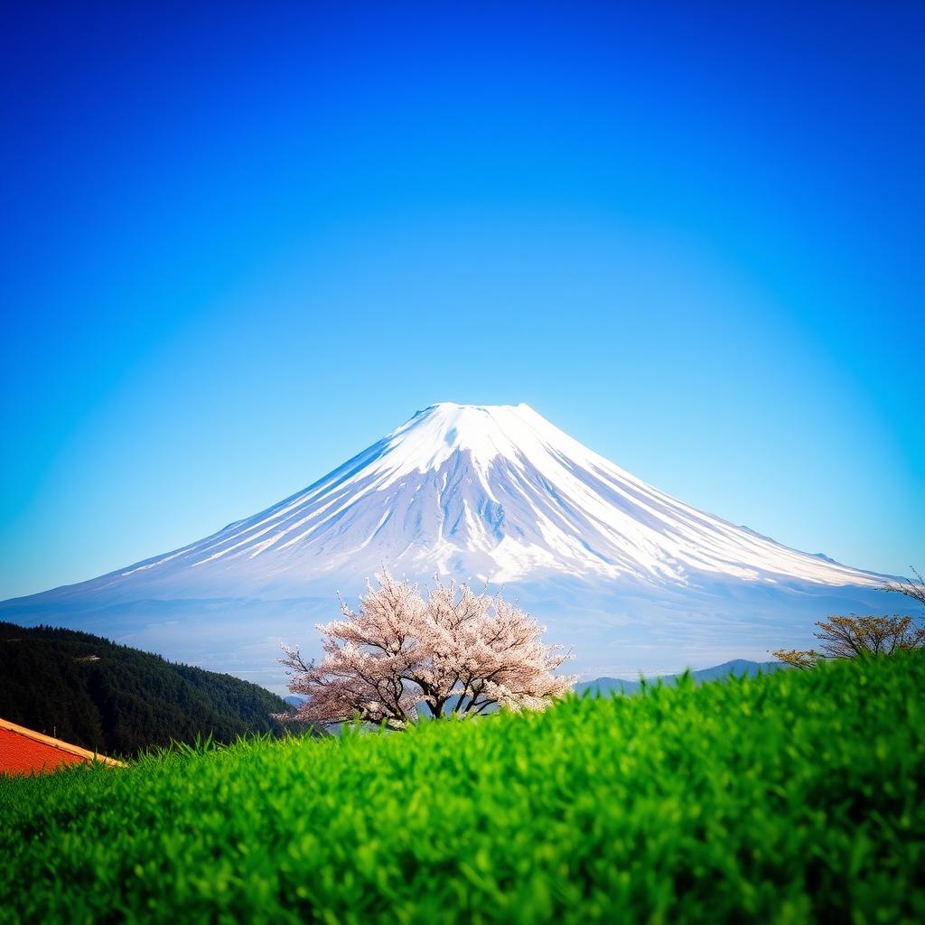 An enchanting view of Mount Fuji in Japan, towering majestically with its snow-covered peak under a bright blue sky