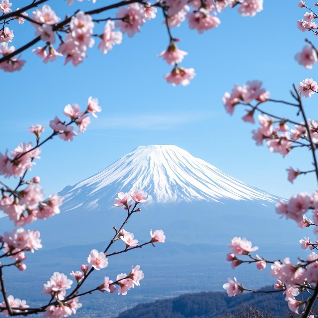 A breathtaking view of Mount Fuji dominating the scene, taking up most of the image with its iconic snow-capped peak under a clear blue sky