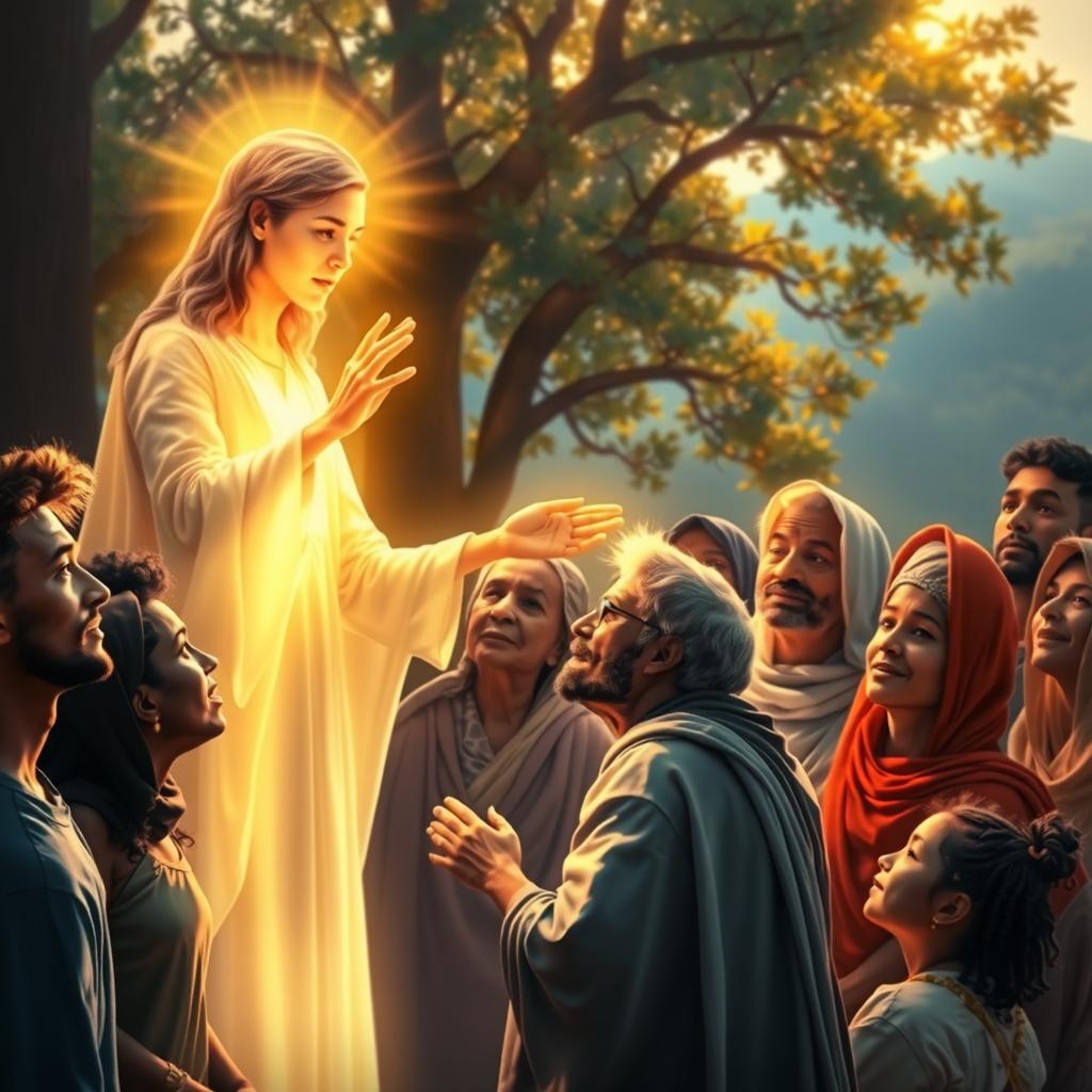 An ethereal scene depicting the miracle of healing, showcasing a luminous figure with a warm glow, surrounded by a diverse group of people representing different cultures and ages
