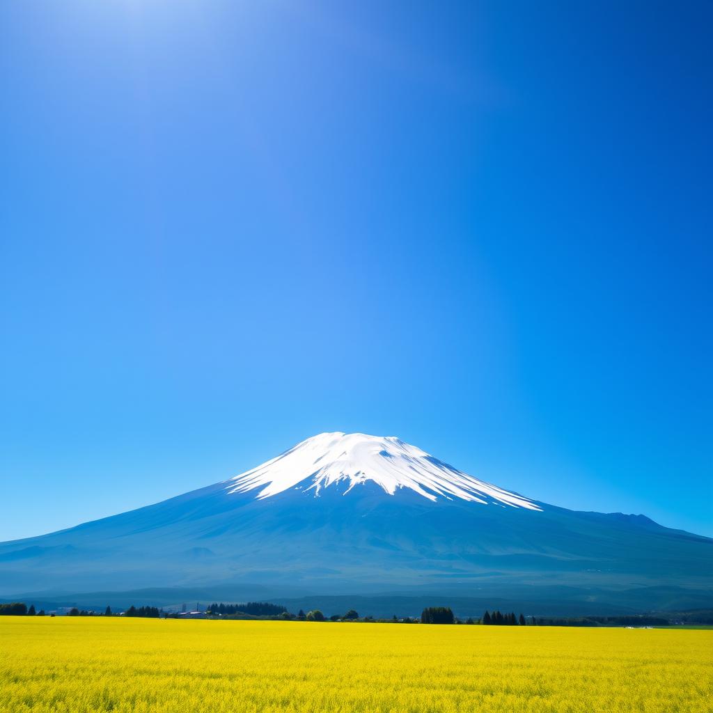 A captivating view of Mount Fuji, prominently displayed with its recognizable, symmetrical shape set against a brilliant blue sky