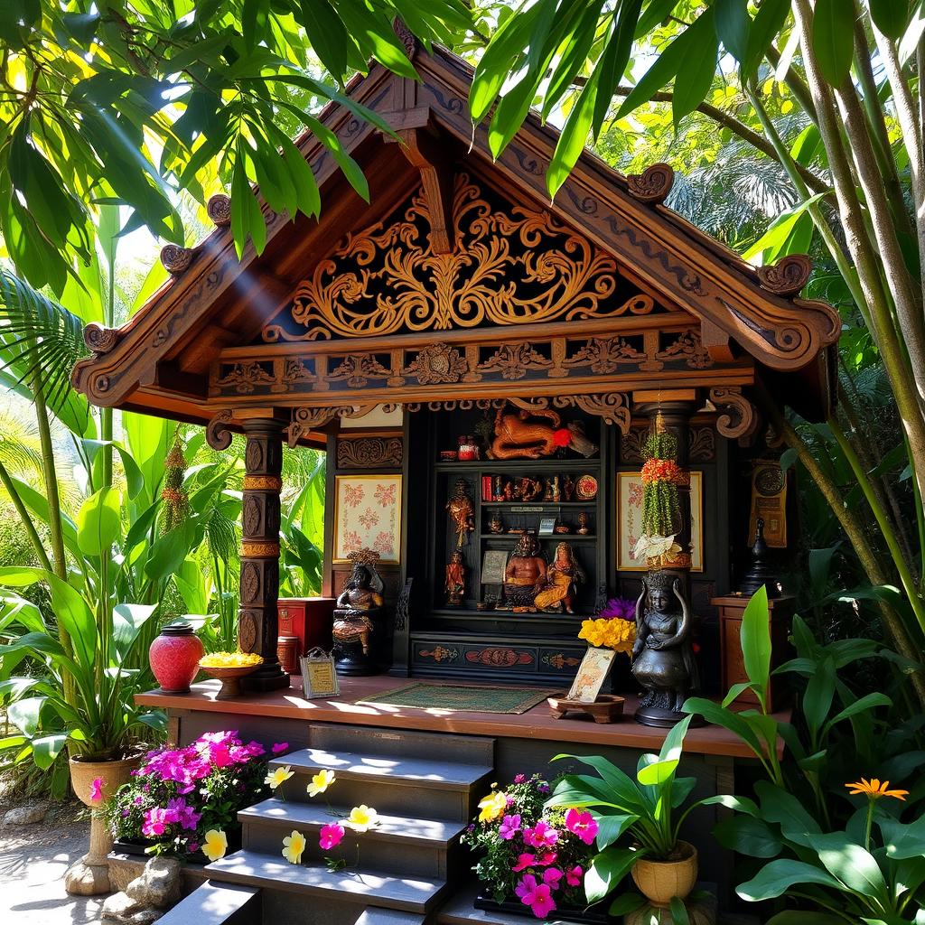 A beautifully crafted Filipino spirit house, known as 'Bahay Kubo', set in a lush tropical garden