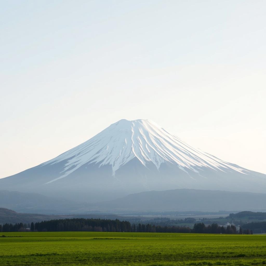 The majestic, snow-capped peak of Mount Fuji dominates the scene, towering against a serene sky