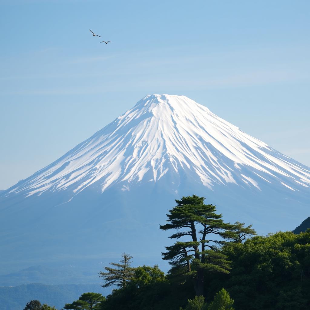 The majestic, snow-capped peak of Mount Fuji dominates the scene, positioned slightly off-center to create a dynamic composition