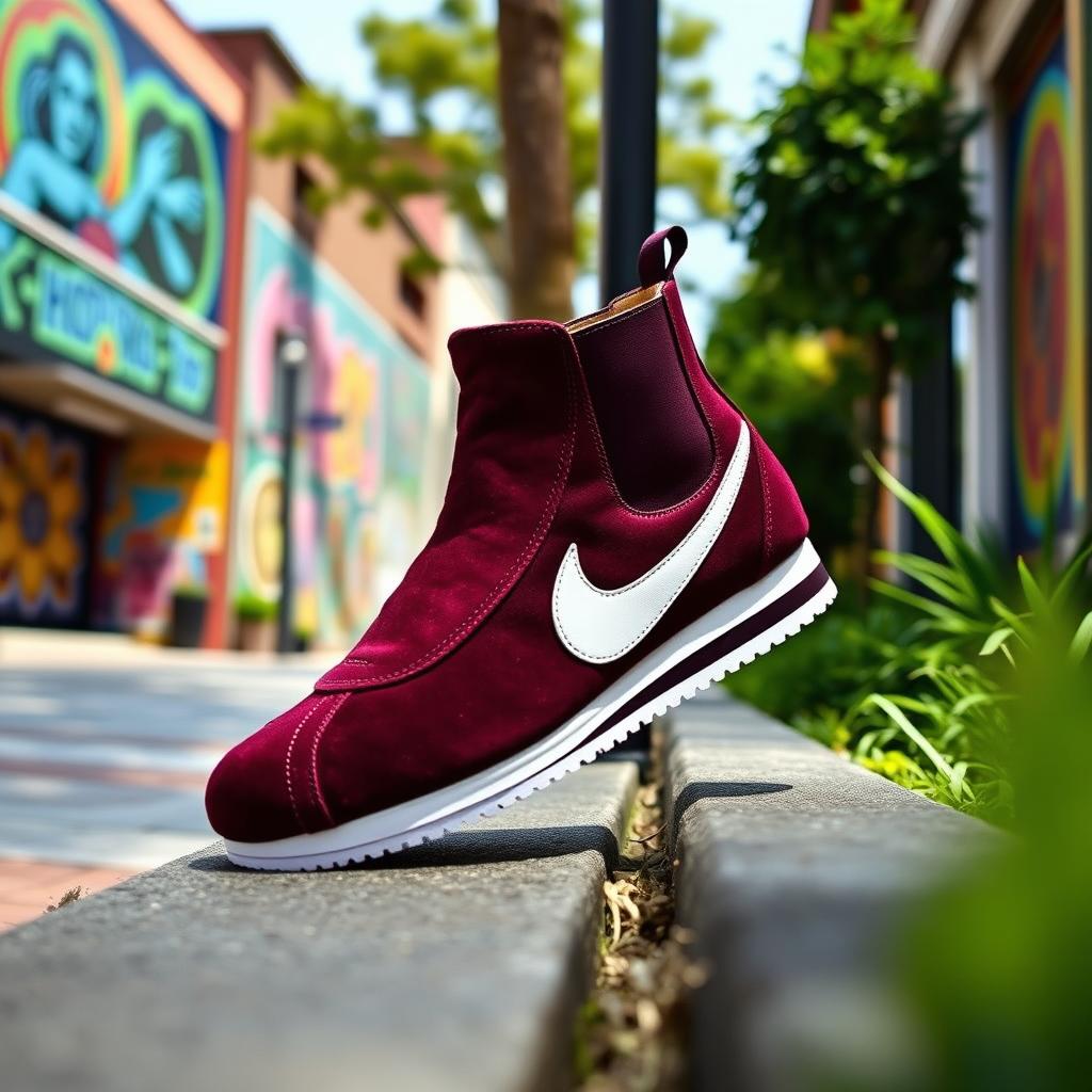 A creative and stylish footwear design that merges the classic aesthetic of Chelsea boots with the retro flair of the Nike Cortez sneakers