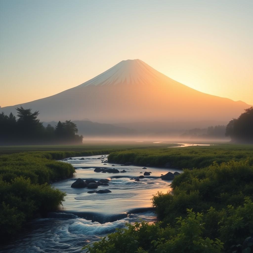 A serene, minimalistic scene featuring Mount Fuji, beautifully outlined against a clear sky at sunrise