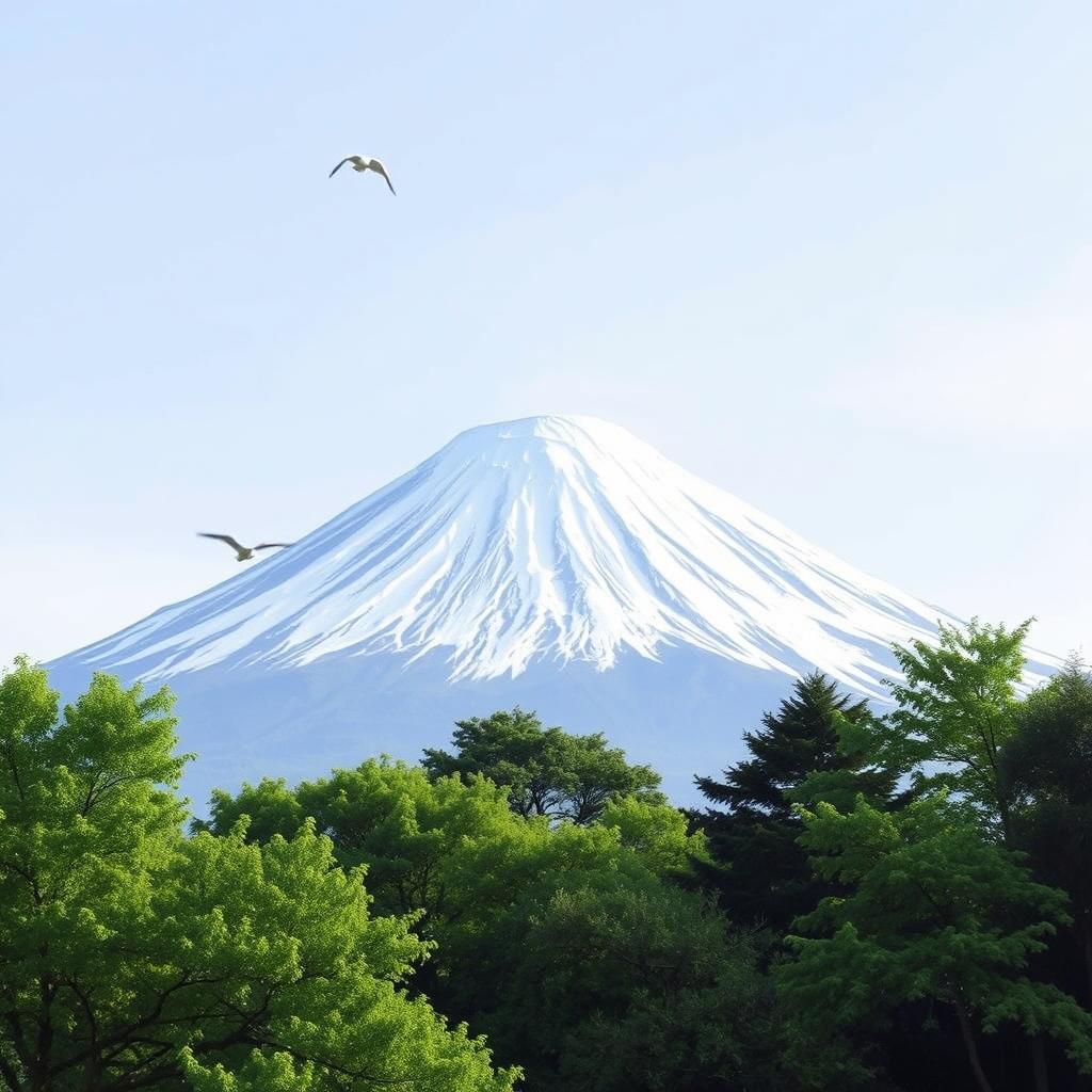 The majestic, snow-capped peak of Mount Fuji dominates the scene, positioned slightly off-center for an engaging composition