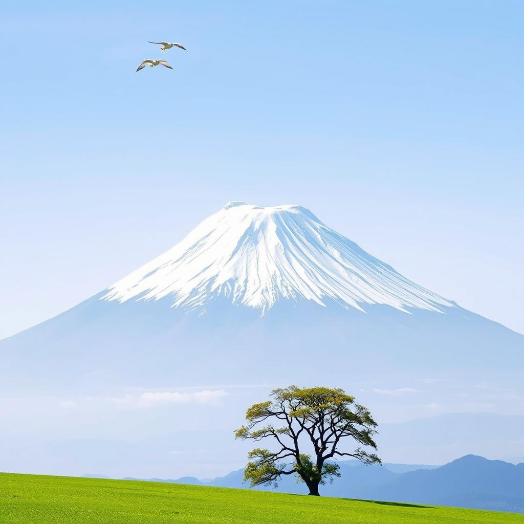 The majestic, snow-capped peak of Mount Fuji dominates the scene, placed slightly off-center for an engaging composition