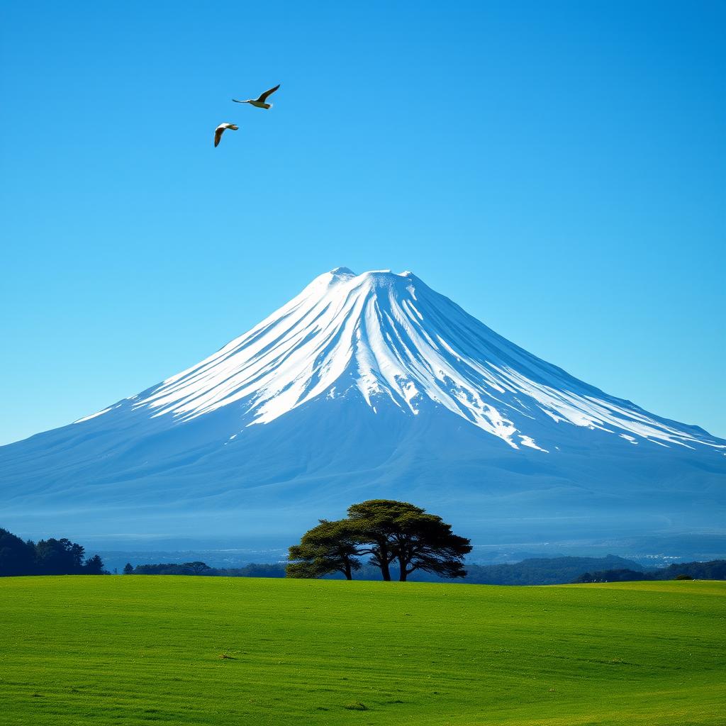A majestic Mount Fuji towers majestically in the scene, positioned slightly off-center for dynamic visual interest