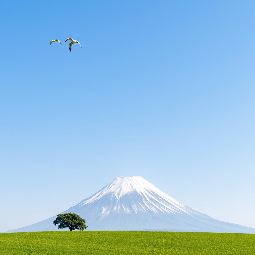 A majestic Mount Fuji dominates the scene, placed slightly off-center for a captivating view