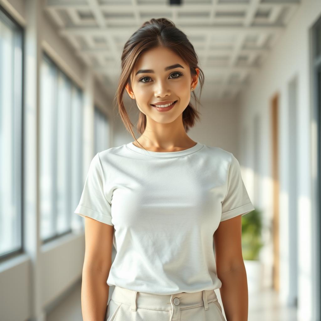 A petite woman with a beautiful face stands in a bright modern office