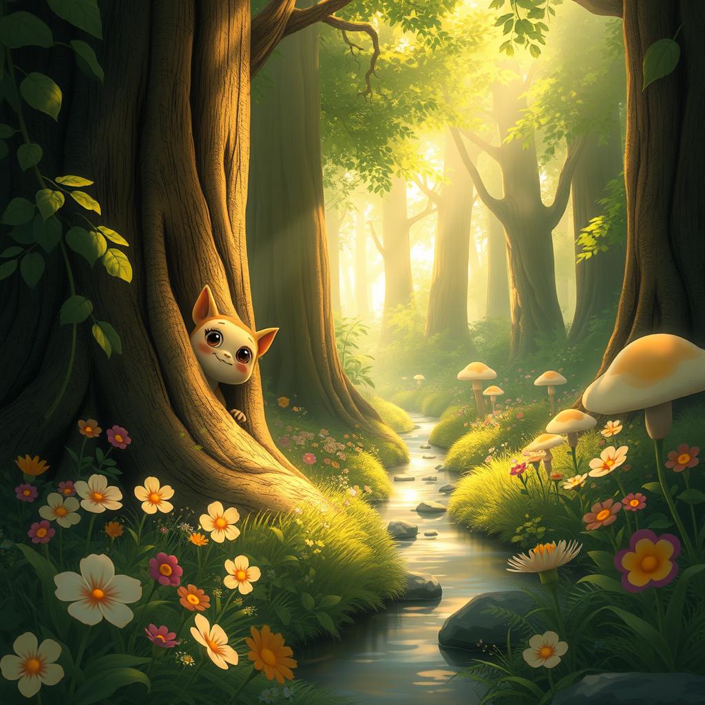 A whimsical and enchanting forest scene in the style of Studio Ghibli, featuring lush greenery and vibrant flowers