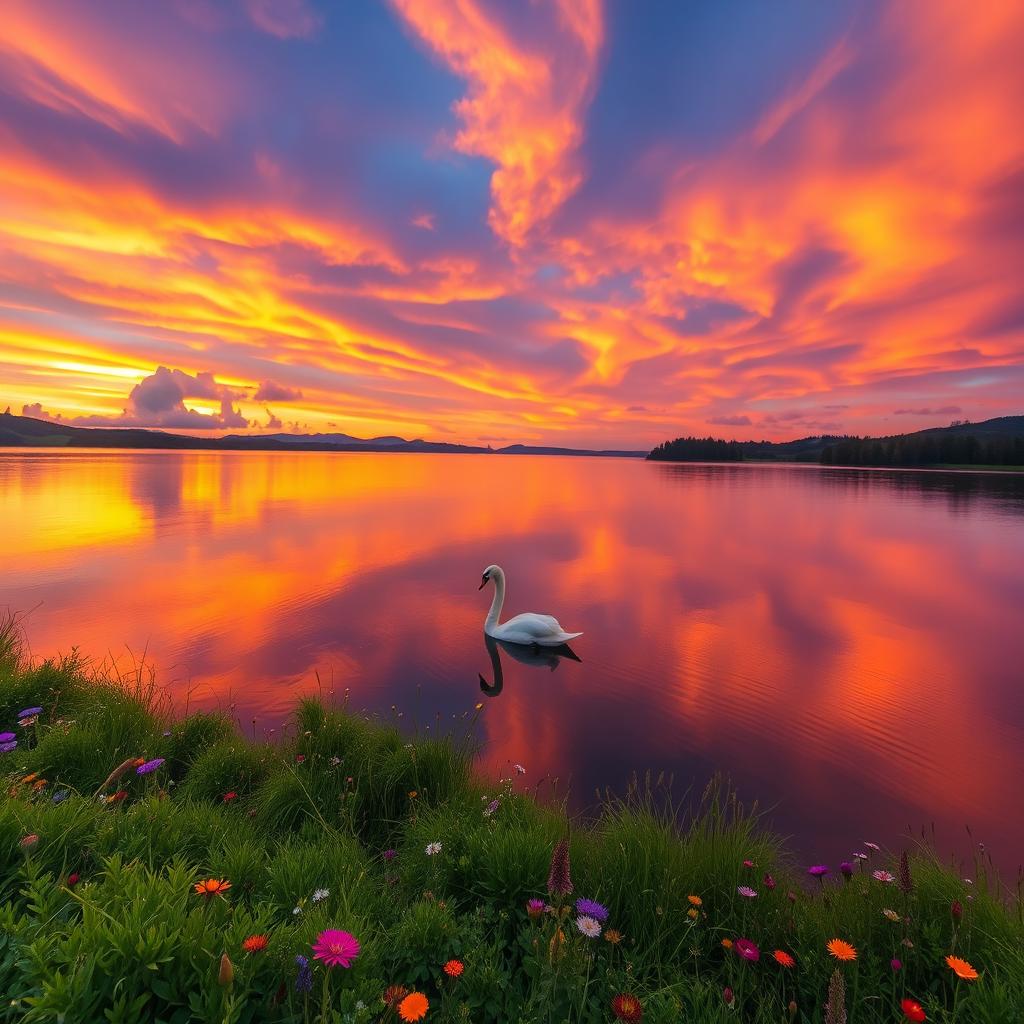 A breathtaking landscape featuring a vibrant sunset over a tranquil lake, reflecting stunning shades of orange, pink, and purple in the sky