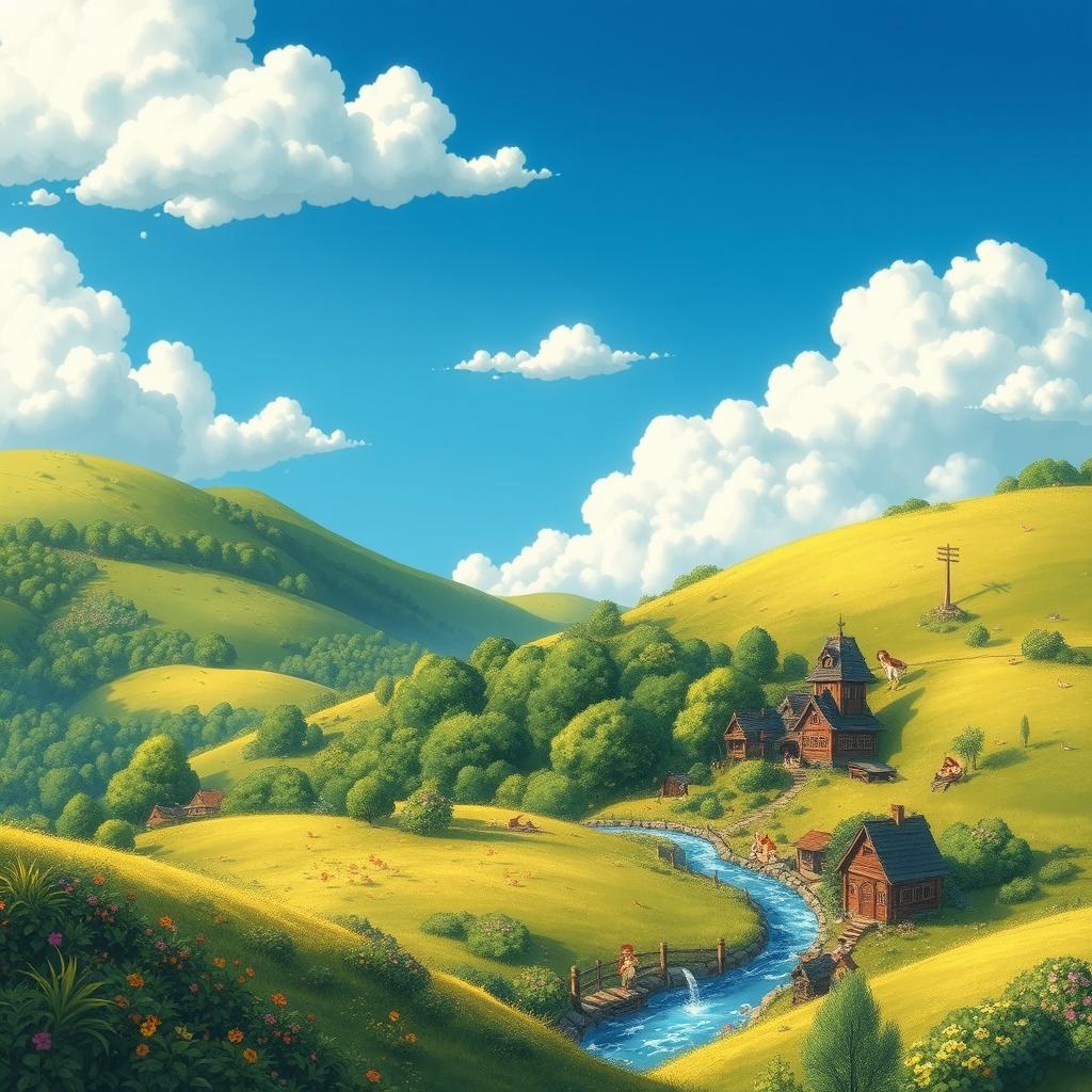 A whimsical, enchanting landscape in the distinct style of Studio Ghibli, featuring rolling green hills, a vibrant forest filled with fantastical creatures, and a serene blue sky with fluffy clouds