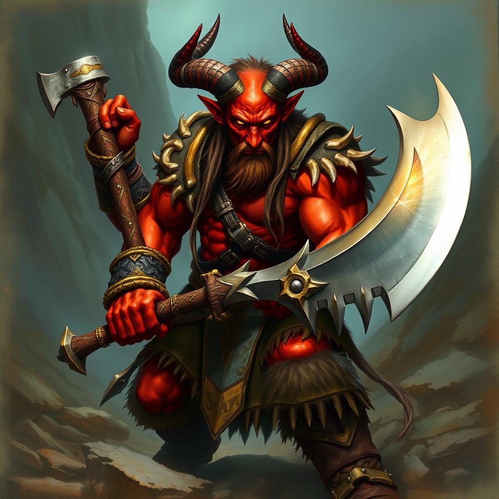 A fierce Tiefling barbarian warrior, muscular and imposing, with deep red skin and sharp horns prominent on their head