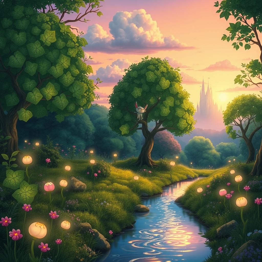 A whimsical, enchanting forest scene inspired by Studio Ghibli, featuring lush green trees with intricate leaf designs, soft glowing flowers, and small, magical creatures peeking from behind vibrant foliage