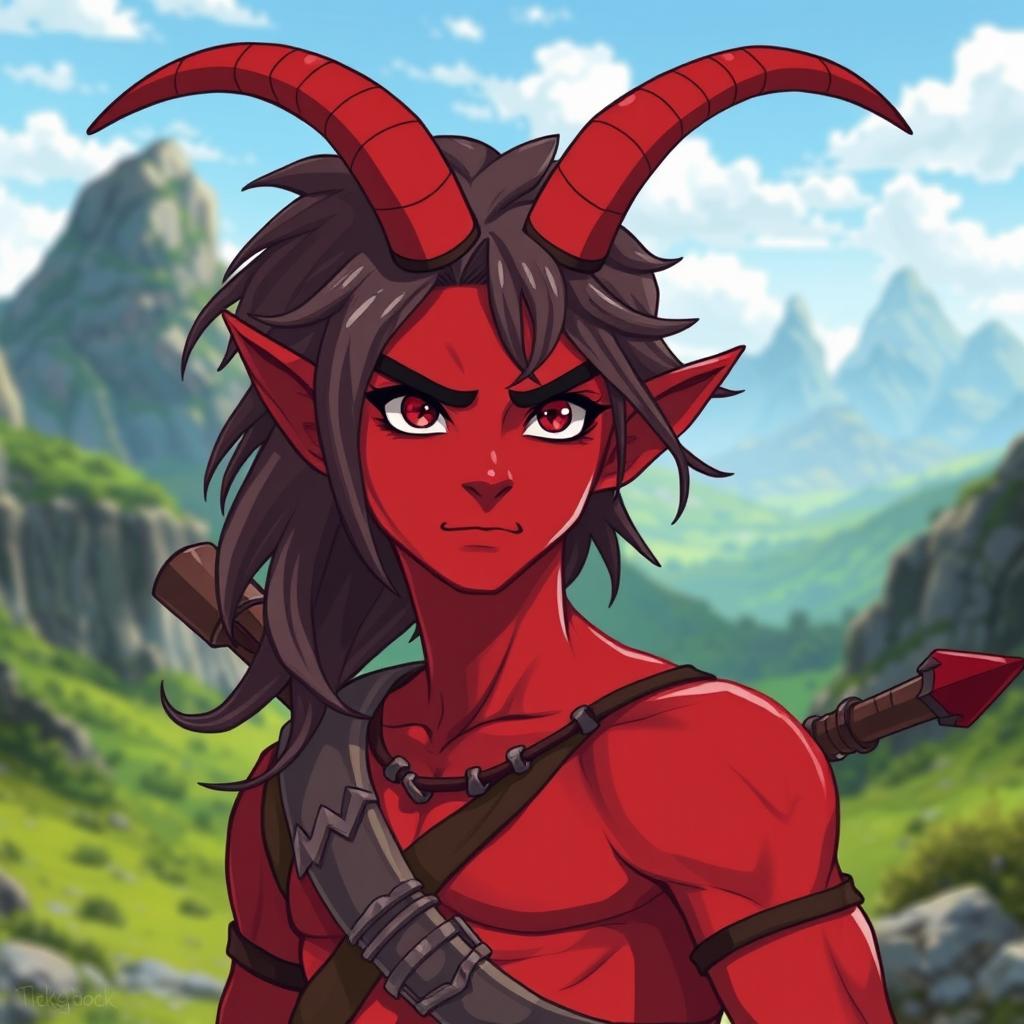 A young, effeminate male tiefling barbarian warrior featuring striking crimson skin and elegant curved horns