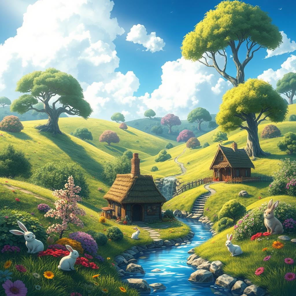 A whimsical landscape full of vibrant colors and enchanting details, reminiscent of Studio Ghibli's art style