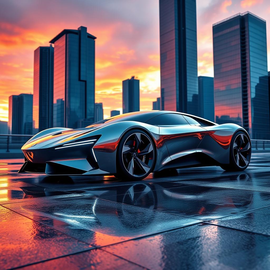 A sleek, futuristic car design showcased in a dynamic urban environment