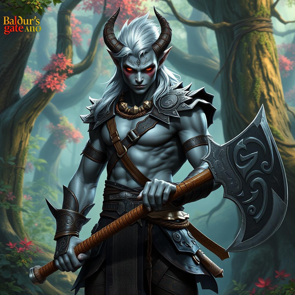 A young effeminate male tiefling barbarian warrior with striking silver hair, smooth grey skin, and intense red eyes