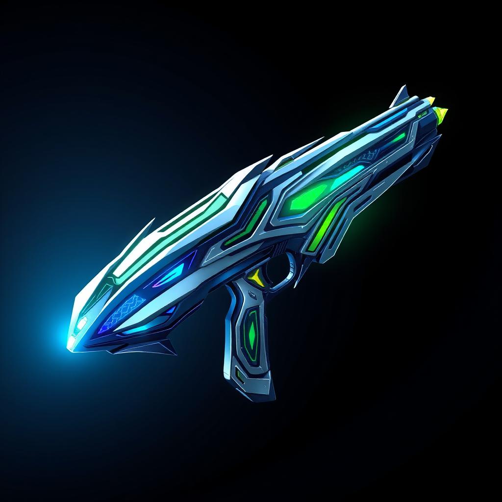 An abstract design of a futuristic weapon, featuring sleek curves, sharp angles, and a blend of metallic and luminous elements