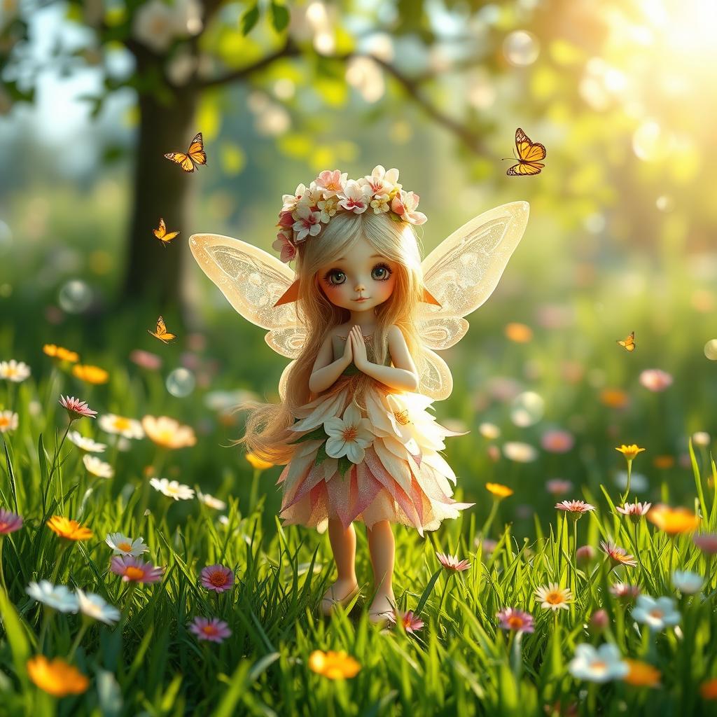 A whimsical fantasy scene featuring a small, enchanting fairy girl with sparkling wings, standing in a vibrant, flower-filled meadow
