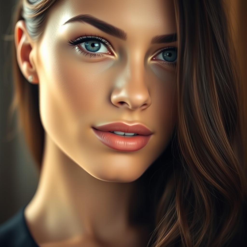 A close-up portrait of an attractive woman with striking features, showcasing her vibrant blue eyes and full lips