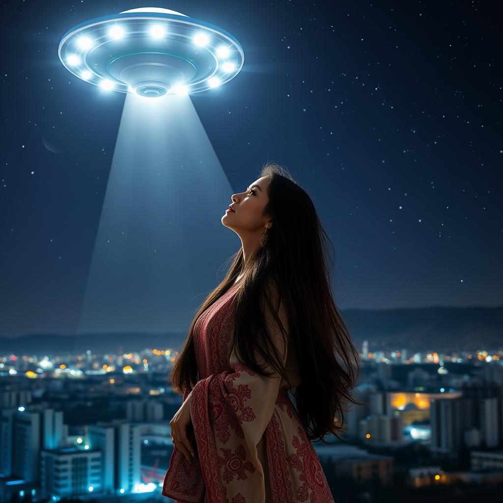 A stunning Ulaanbaatar woman standing under a night sky filled with stars, gazing in awe at a luminous UFO hovering above her