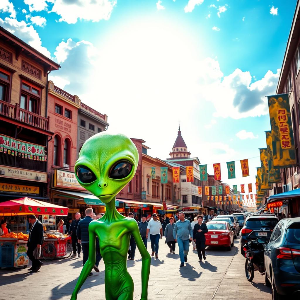 An alien figure with luminous green skin and large, expressive eyes walks casually along a busy street in Ulaanbaatar, Mongolia
