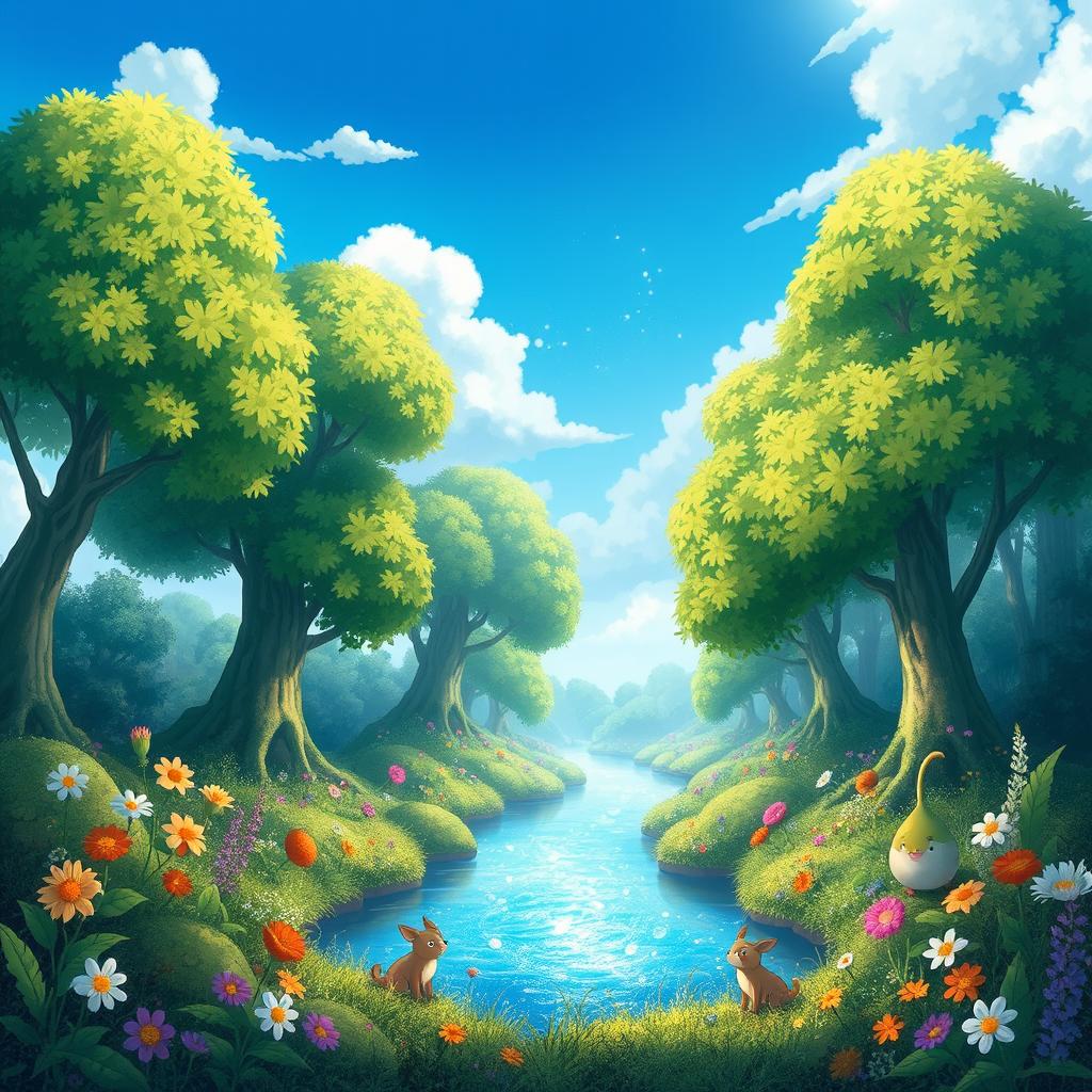 A whimsical, enchanting forest scene in the style of Studio Ghibli, featuring large, lush trees with vibrant green leaves, delicate flowers blooming in various colors, and a serene, sparkling river running through the middle